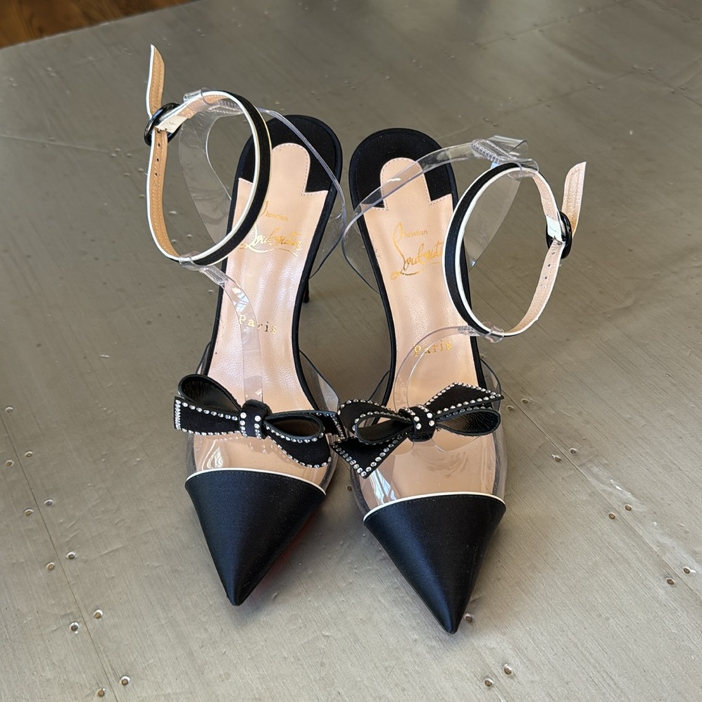 Christian Louboutin naked bow black satin crystal 100mm stiletto sz 38.5 - Picture 3 of 14